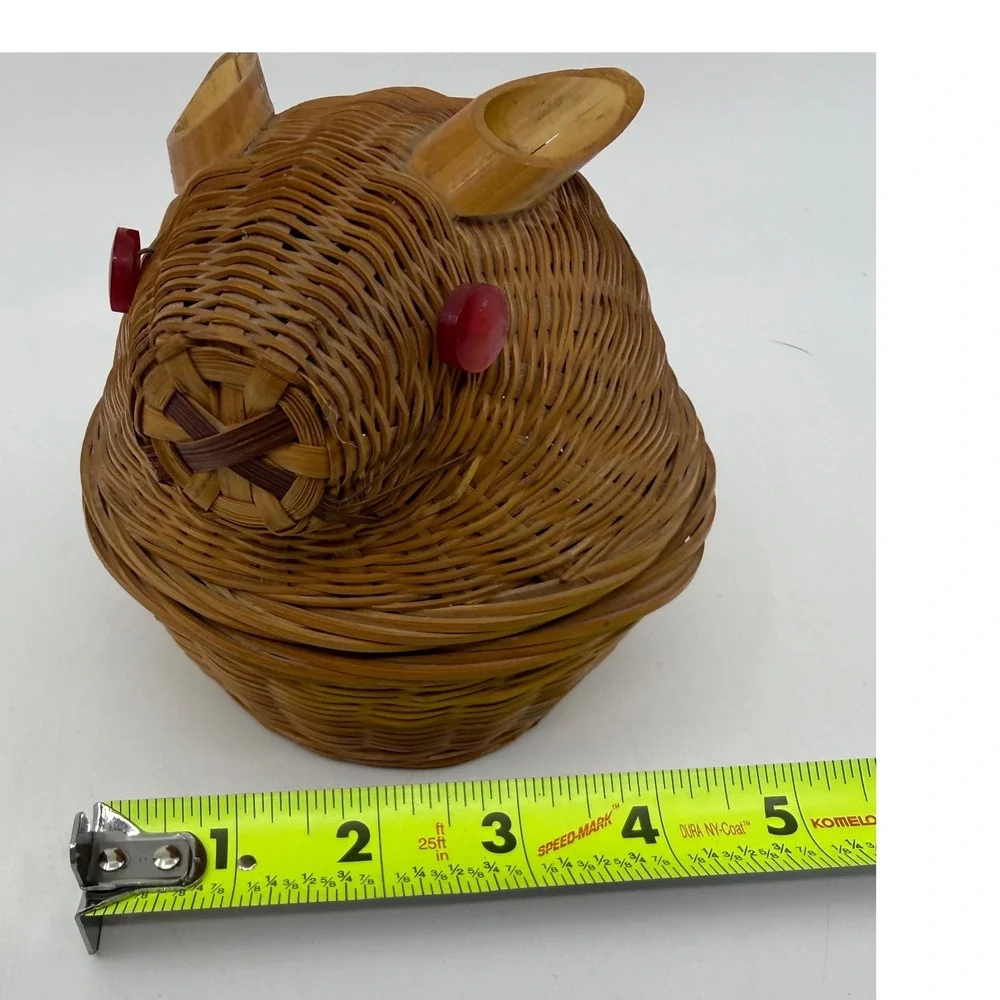 Vintage Woven Bamboo Bunny Rabbit Trinket Basket Brown Wicker Red Button Eyes
